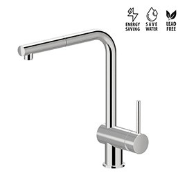 Single-lever sink mixer with “L” swivel spout and pull-out hand shower.