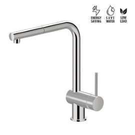 Single-lever sink mixer with “L” swivel spout and pull-out hand shower.