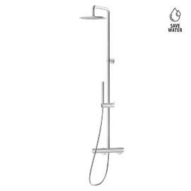 Cold body shower column with exposed thermostatic mixer complete of diverter, head shower and brass single-jet hand shower set.