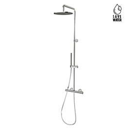 Cold body shower column with exposed thermostatic mixer complete of diverter, head shower and brass single-jet hand shower set.