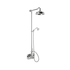 Shower pillar with exposed coaxial thermostatic mixer complete of diverter, brass head shower and brass single-jet hand shower set. 