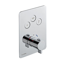 Miscelatore termostatico ad incasso a tre uscite, con comando per la regolazione della temperatura e pulsanti ON/OFF.